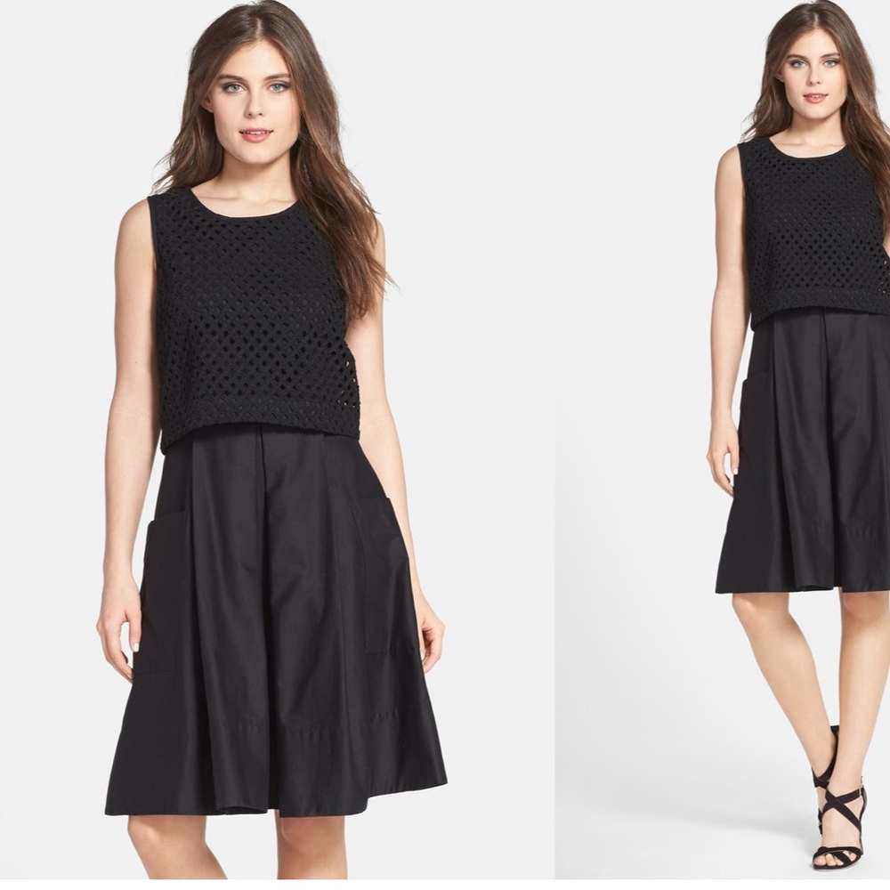 NWT Eliza J Nordstrom black eyelet sleeveless pocket swing dress, size 2